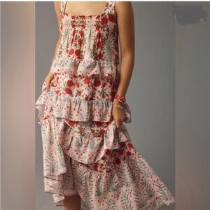 Anthropologie Floral Print Sleeveless Square-Neck Tiered Midi Dress Small New